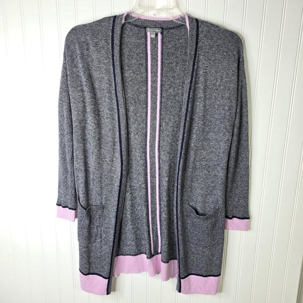 T by Talbots Cardigan Sweater Women Small Petite Gray Open Pockets Office Preppy